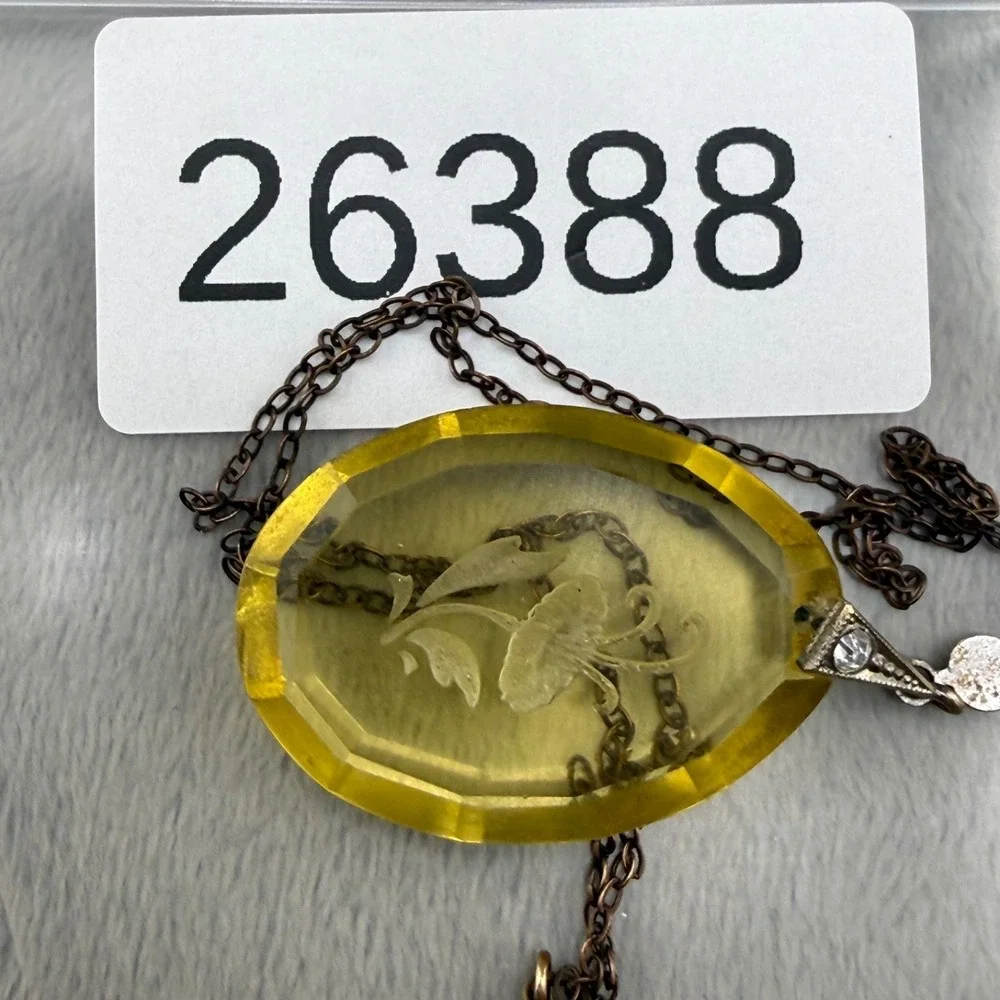 Vintage Intaglio Flower Necklace Faceted Yellow Glass Rhinestone Silver Tone 16